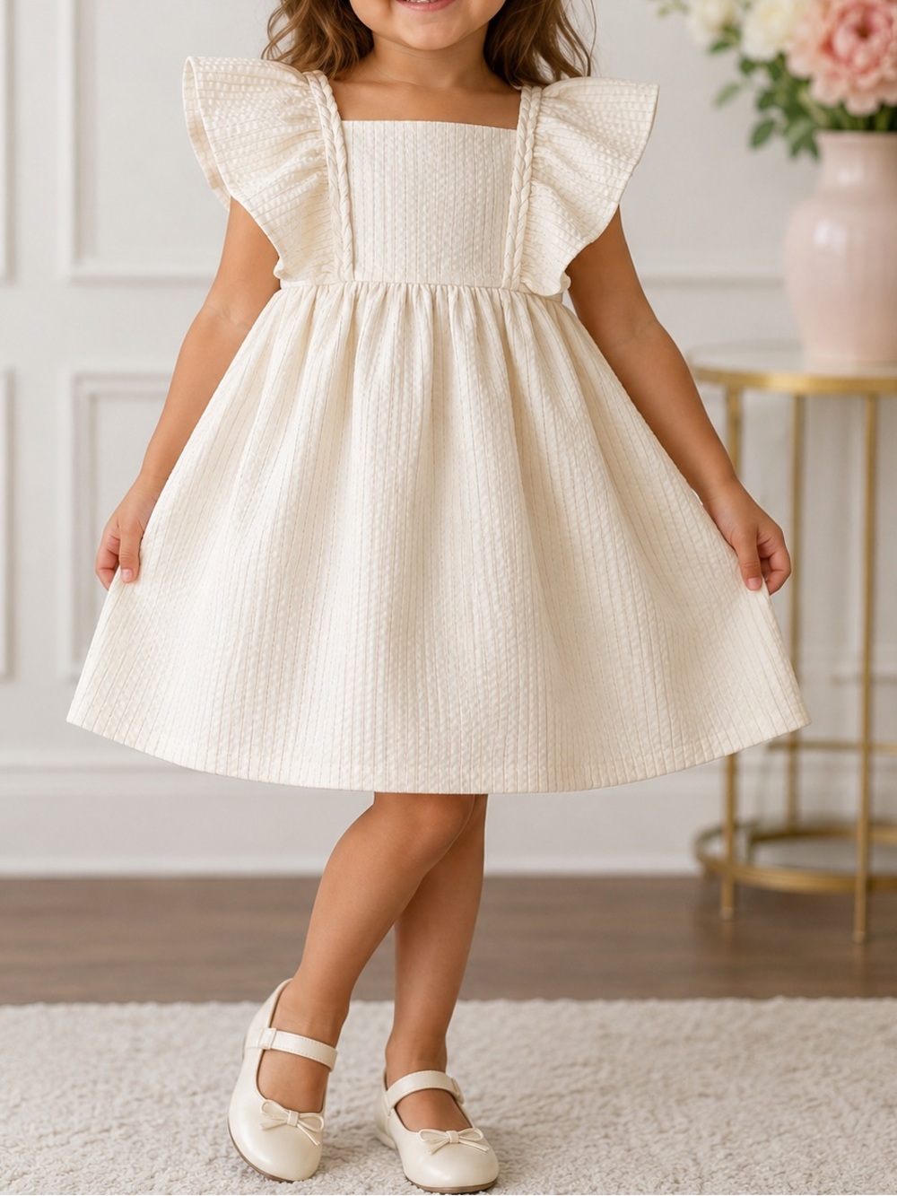 Bonnie Jean Cream Textured Flutter-Sleeve Dress with Matching Headband